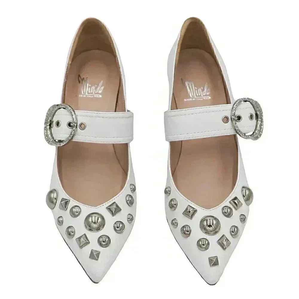 White Studded Pointed Toe Kitten Heel Pumps Size 38 Bridal‎ Low Heel Mary Janes